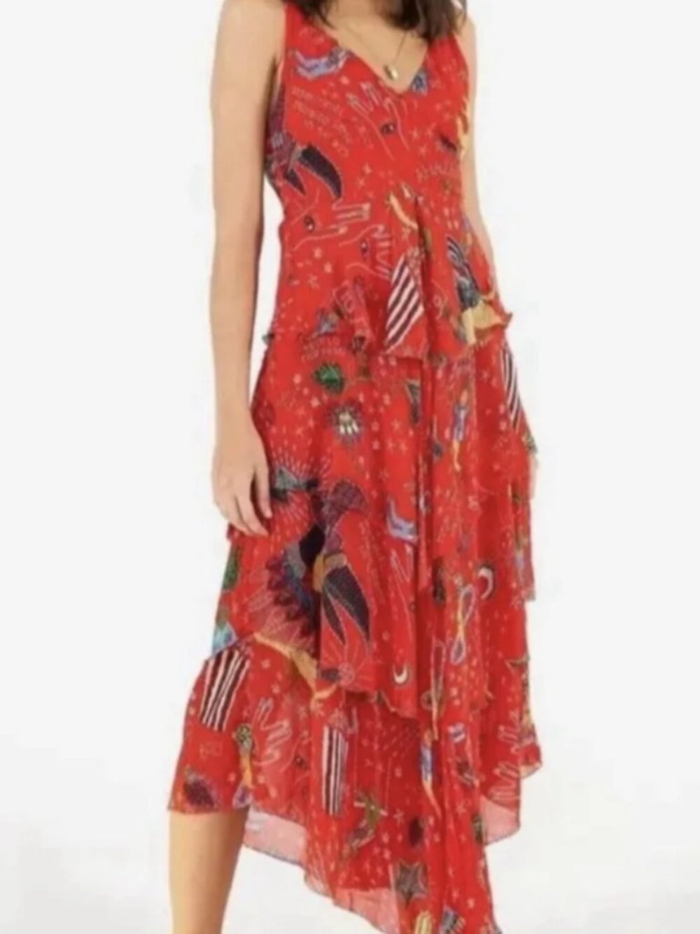 NWT XL FARM RIO CARNIVAL RED MULTI PRINT TIERED MIDI DRESS BRAZIL FESTIVAL PARTY